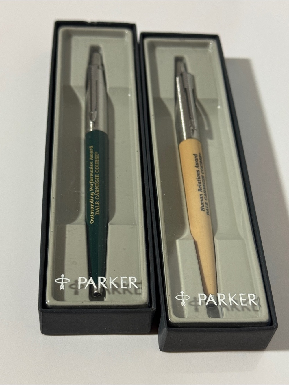 2 -Dale Carnegie Award Parker Ballpoint Pens  Silver/Green and Silver/Cream